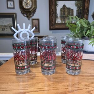 Vintage Christmas Highball Glasses - Stained Glass Poinsettia Design - Set 6